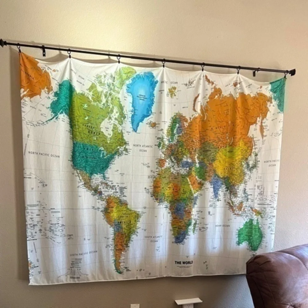 World map tapestry wall hanging with clips. Rod not included.